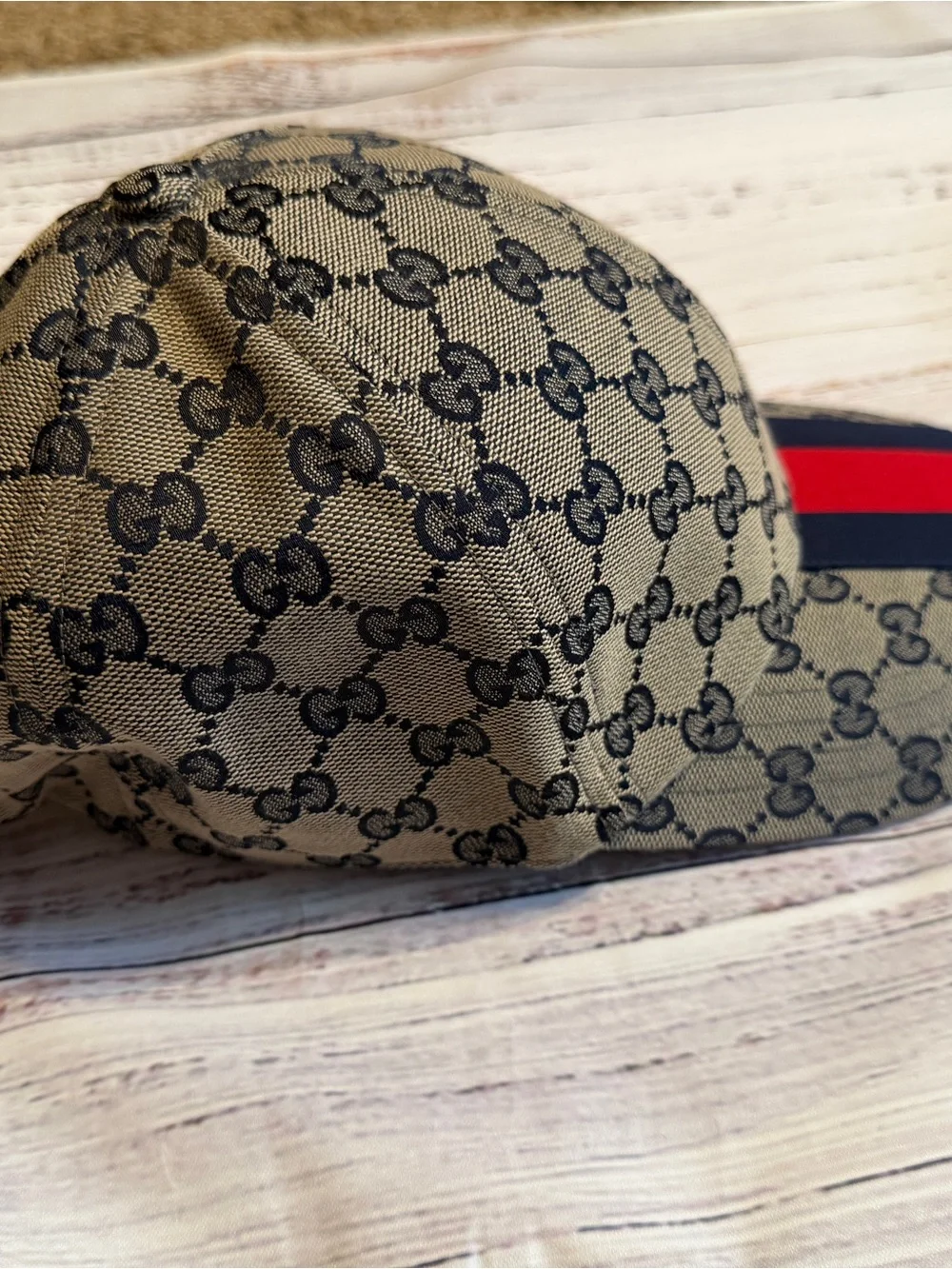 Gucci Beige GG Canvas Baseball Cap with Red & Navy Web Stripe